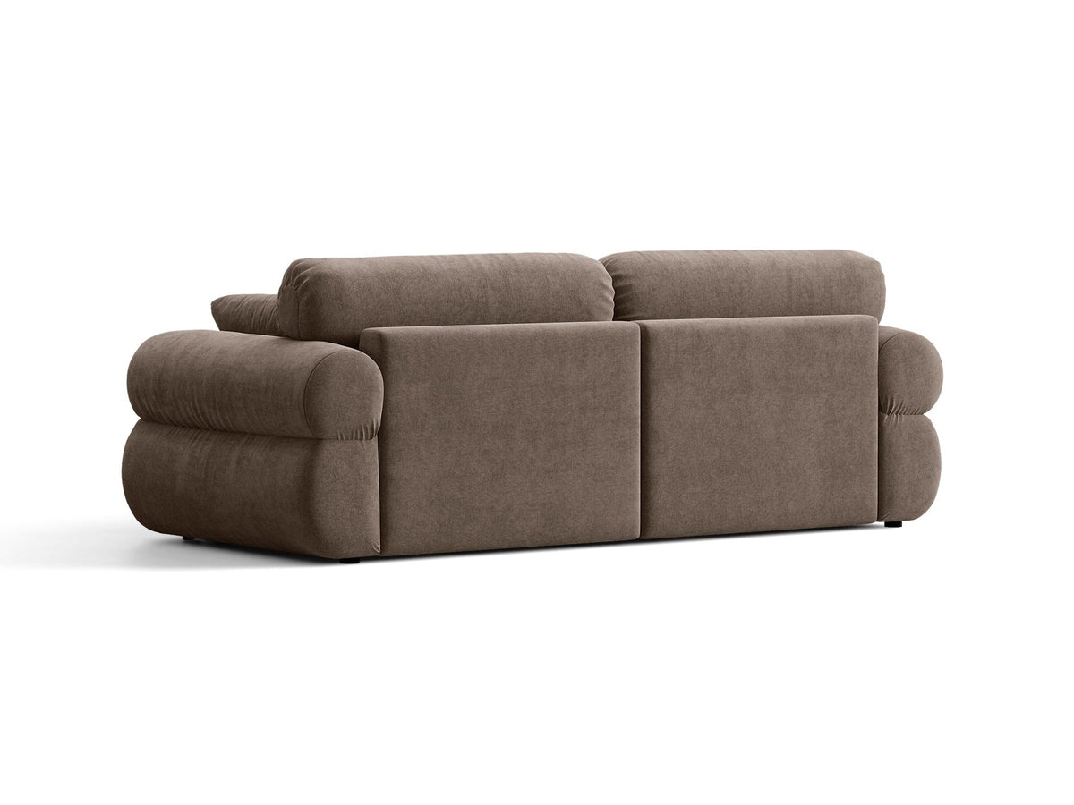 3er Sofa Ophelia von Micadoni in Beige mit Liberty Stoffbezug, niedriger Rückenlehne und schwarzen Kunststoffbeinen, modulare Bauweise sichtbar.