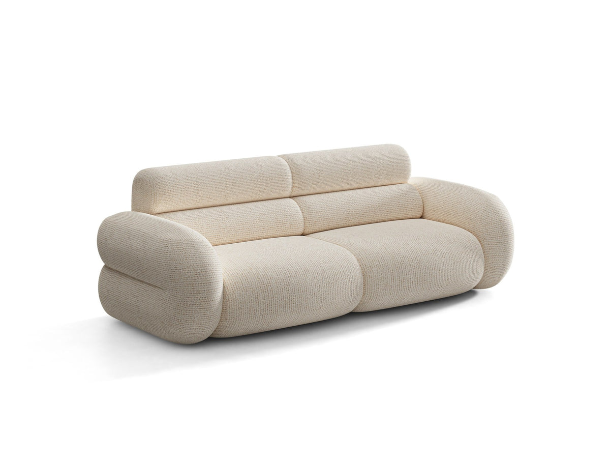 3er Sofa Neo von Micadoni in dunklem Olivgrün, mit strukturiertem Bouclé-Stoff, schwarzen Kunststoffbeinen und hoher gepolsterter Rückenlehne.