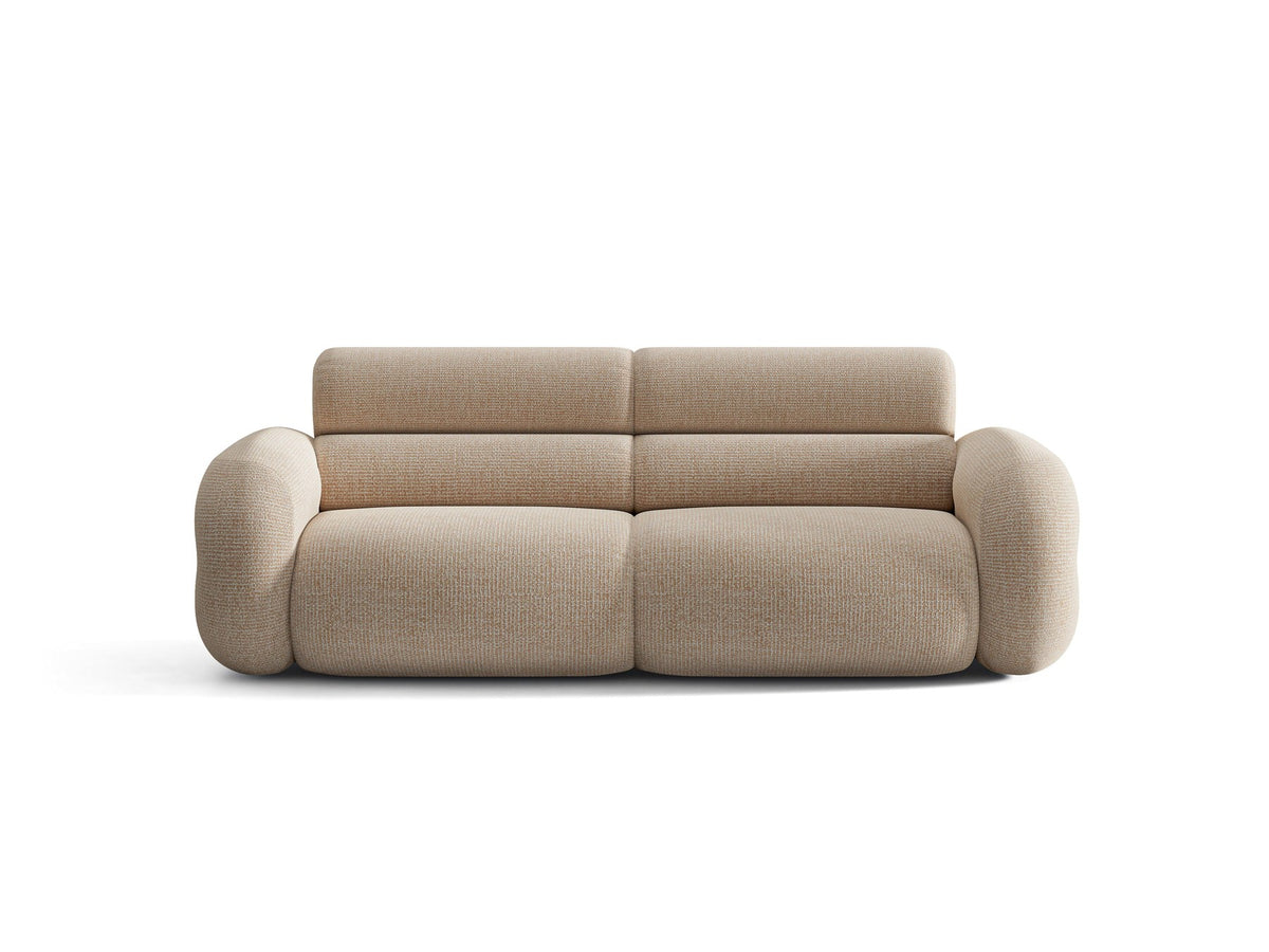 3er Sofa Neo von Micadoni in dunklem Olivgrün, mit strukturiertem Bouclé-Stoff, schwarzen Kunststoffbeinen und hoher gepolsterter Rückenlehne.