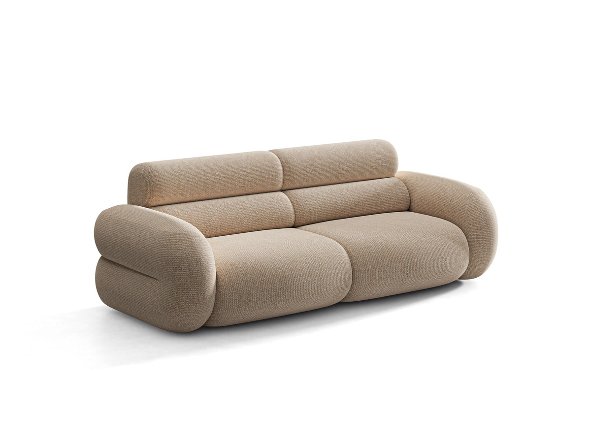 3er Sofa Neo von Micadoni in dunklem Olivgrün, mit strukturiertem Bouclé-Stoff, schwarzen Kunststoffbeinen und hoher gepolsterter Rückenlehne.