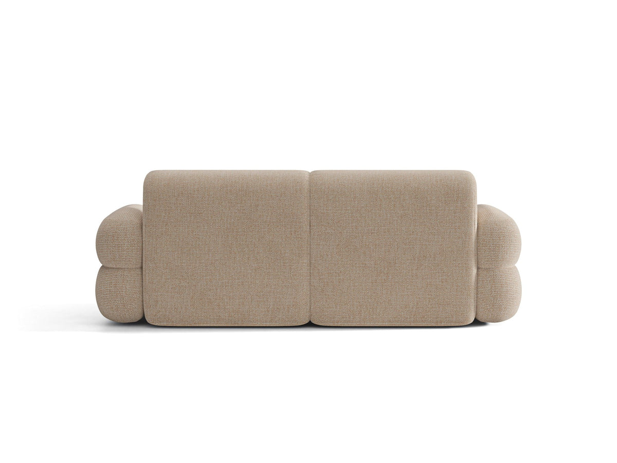 3er Sofa Neo von Micadoni in dunklem Olivgrün, mit strukturiertem Bouclé-Stoff, schwarzen Kunststoffbeinen und hoher gepolsterter Rückenlehne.