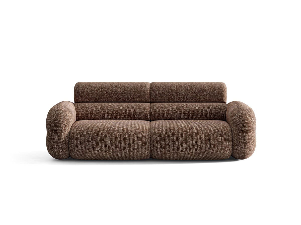3er Sofa Neo von Micadoni in dunklem Olivgrün, mit strukturiertem Bouclé-Stoff, schwarzen Kunststoffbeinen und hoher gepolsterter Rückenlehne.