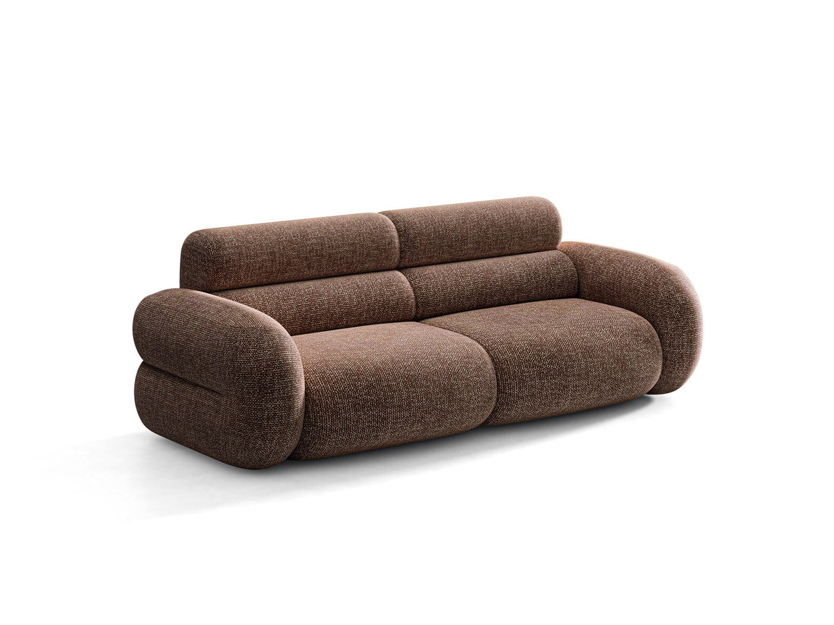 3er Sofa Neo von Micadoni in dunklem Olivgrün, mit strukturiertem Bouclé-Stoff, schwarzen Kunststoffbeinen und hoher gepolsterter Rückenlehne.