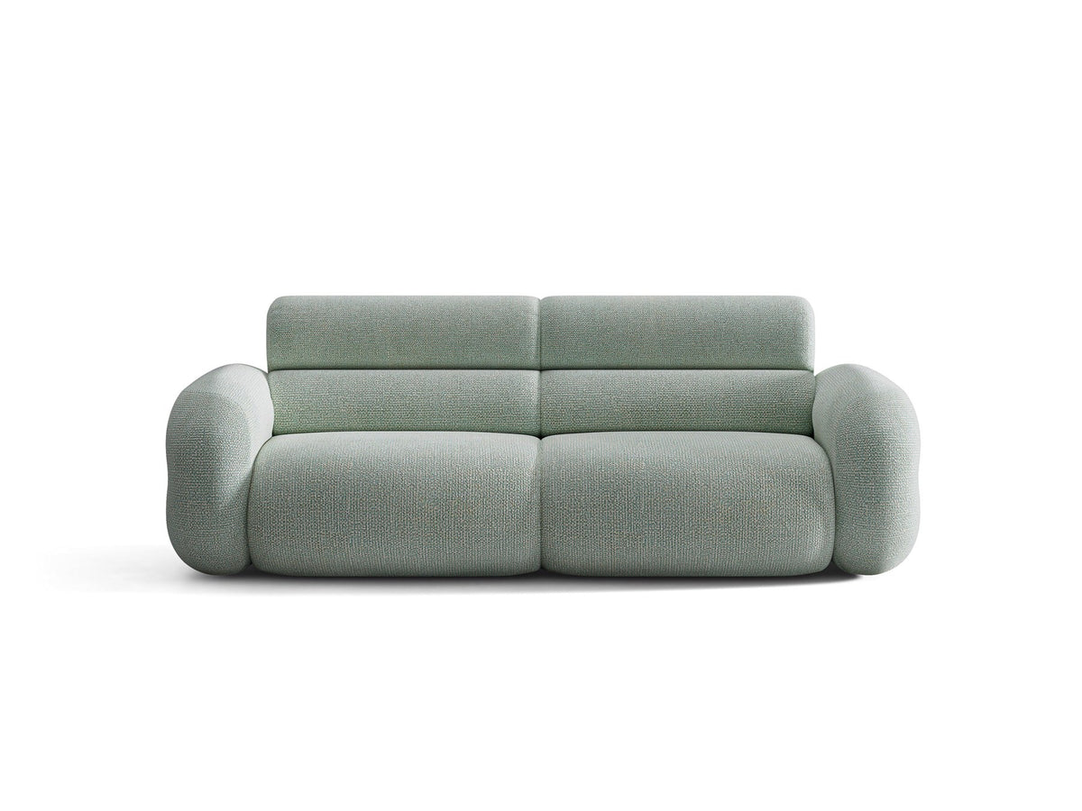 3er Sofa Neo von Micadoni in dunklem Olivgrün, mit strukturiertem Bouclé-Stoff, schwarzen Kunststoffbeinen und hoher gepolsterter Rückenlehne.