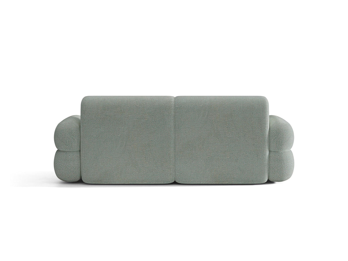 3er Sofa Neo von Micadoni in dunklem Olivgrün, mit strukturiertem Bouclé-Stoff, schwarzen Kunststoffbeinen und hoher gepolsterter Rückenlehne.