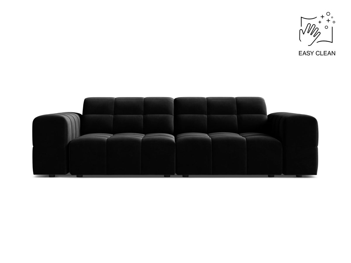 Beige gepolstertes 3er Sofa Jennifer von Micadoni mit schwarzen Kunststoffbeinen und leicht geneigter Rückenlehne, Stoffbezug Bluvel.