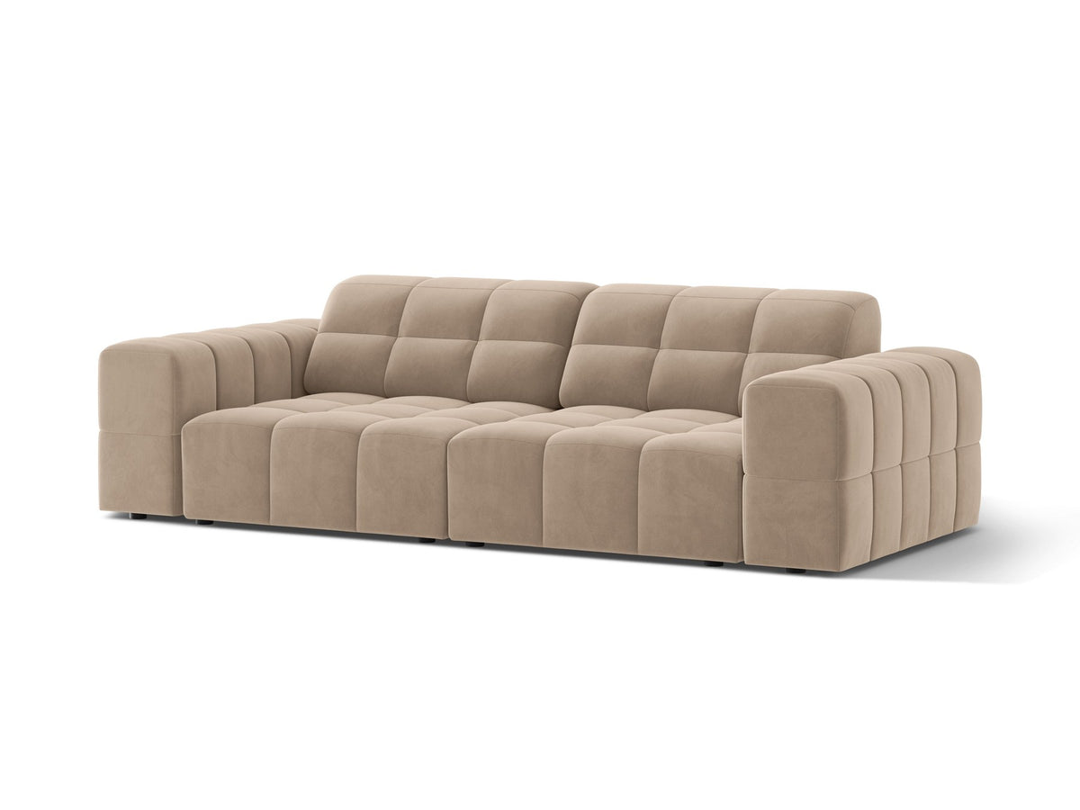 Beige gepolstertes 3er Sofa Jennifer von Micadoni mit schwarzen Kunststoffbeinen und leicht geneigter Rückenlehne, Stoffbezug Bluvel.
