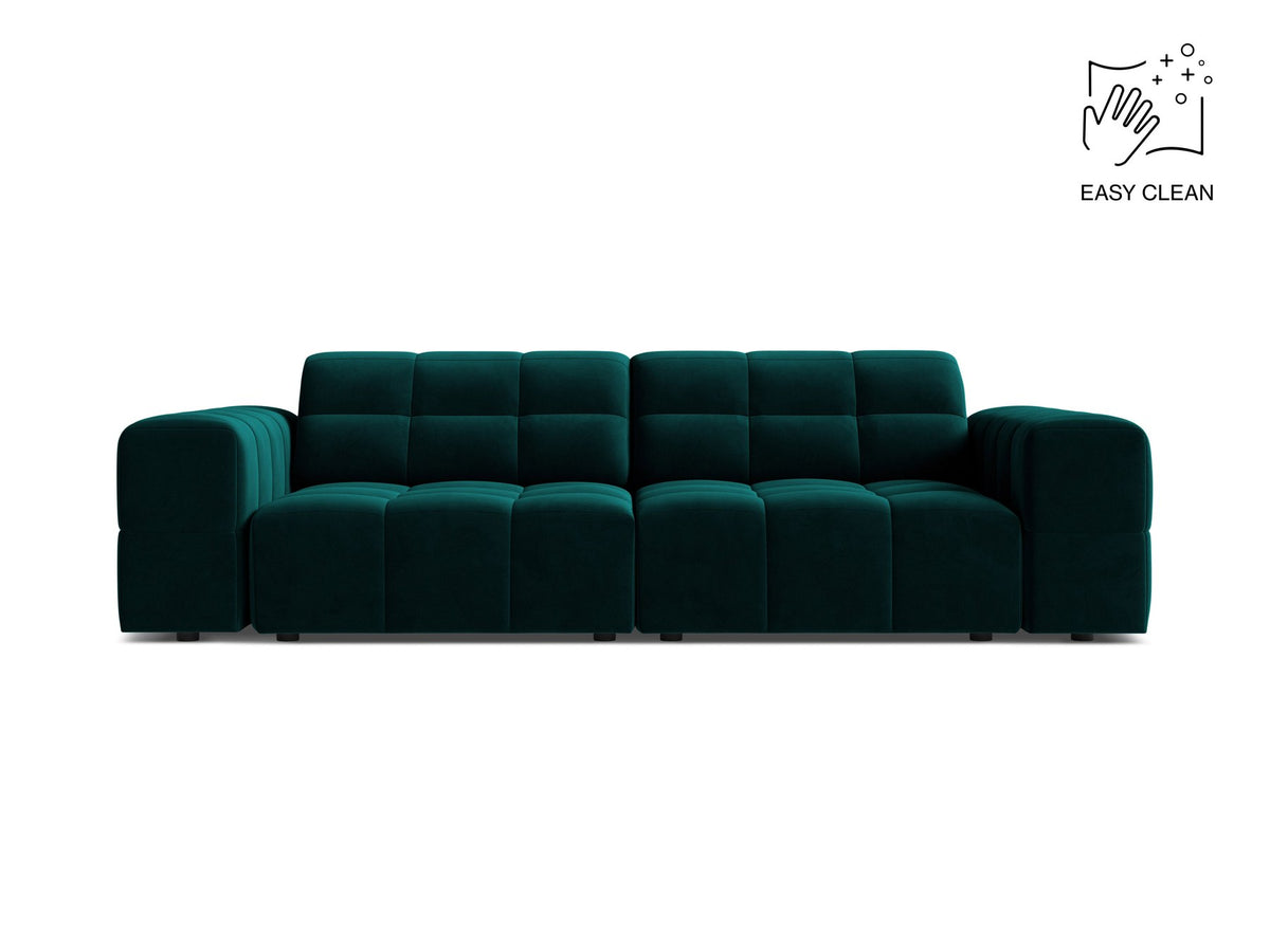 Beige gepolstertes 3er Sofa Jennifer von Micadoni mit schwarzen Kunststoffbeinen und leicht geneigter Rückenlehne, Stoffbezug Bluvel.