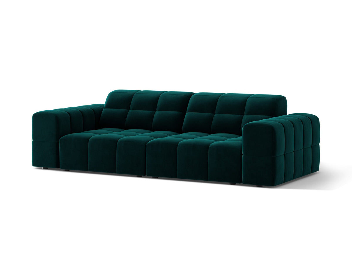 Beige gepolstertes 3er Sofa Jennifer von Micadoni mit schwarzen Kunststoffbeinen und leicht geneigter Rückenlehne, Stoffbezug Bluvel.