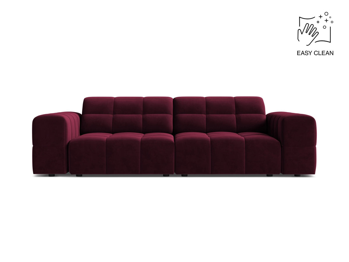 Beige gepolstertes 3er Sofa Jennifer von Micadoni mit schwarzen Kunststoffbeinen und leicht geneigter Rückenlehne, Stoffbezug Bluvel.