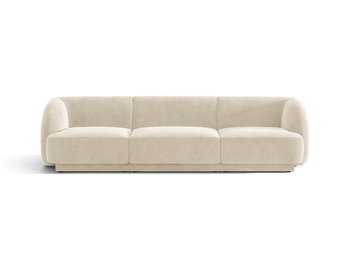 Dunkelbeiges 3er Sofa Miley von Micadoni mit Bluvel-Stoffbezug, schwarzen Kunststoffbeinen und gepolsterter Rückenlehne, Frontalansicht.
