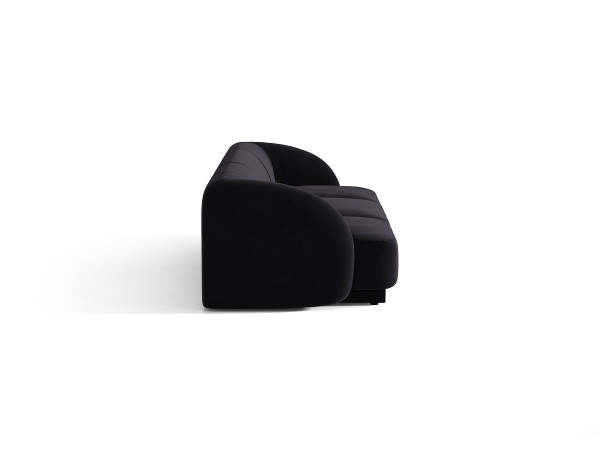 Dunkelbeiges 3er Sofa Miley von Micadoni mit Bluvel-Stoffbezug, schwarzen Kunststoffbeinen und gepolsterter Rückenlehne, Frontalansicht.