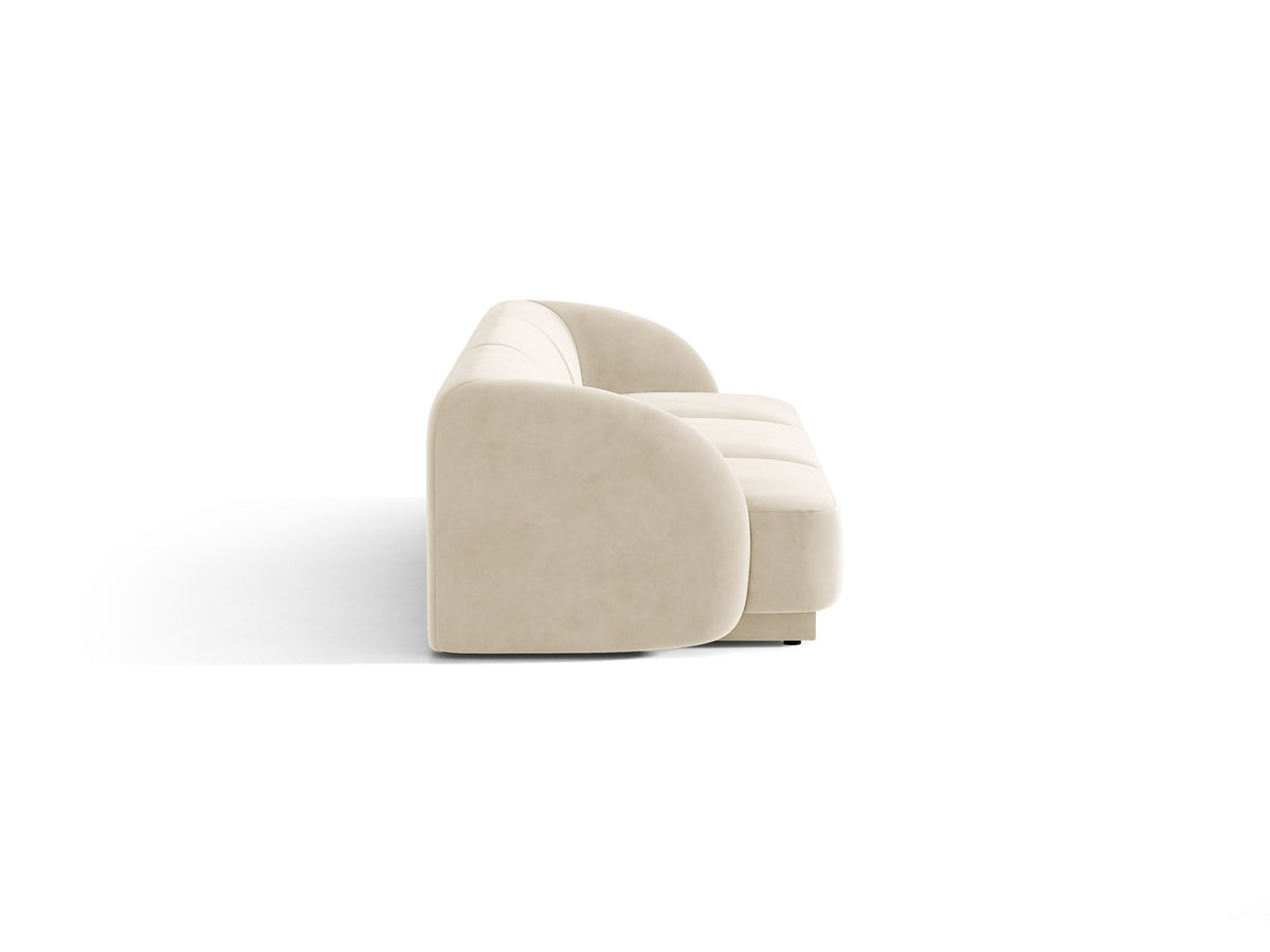 Dunkelbeiges 3er Sofa Miley von Micadoni mit Bluvel-Stoffbezug, schwarzen Kunststoffbeinen und gepolsterter Rückenlehne, Frontalansicht.