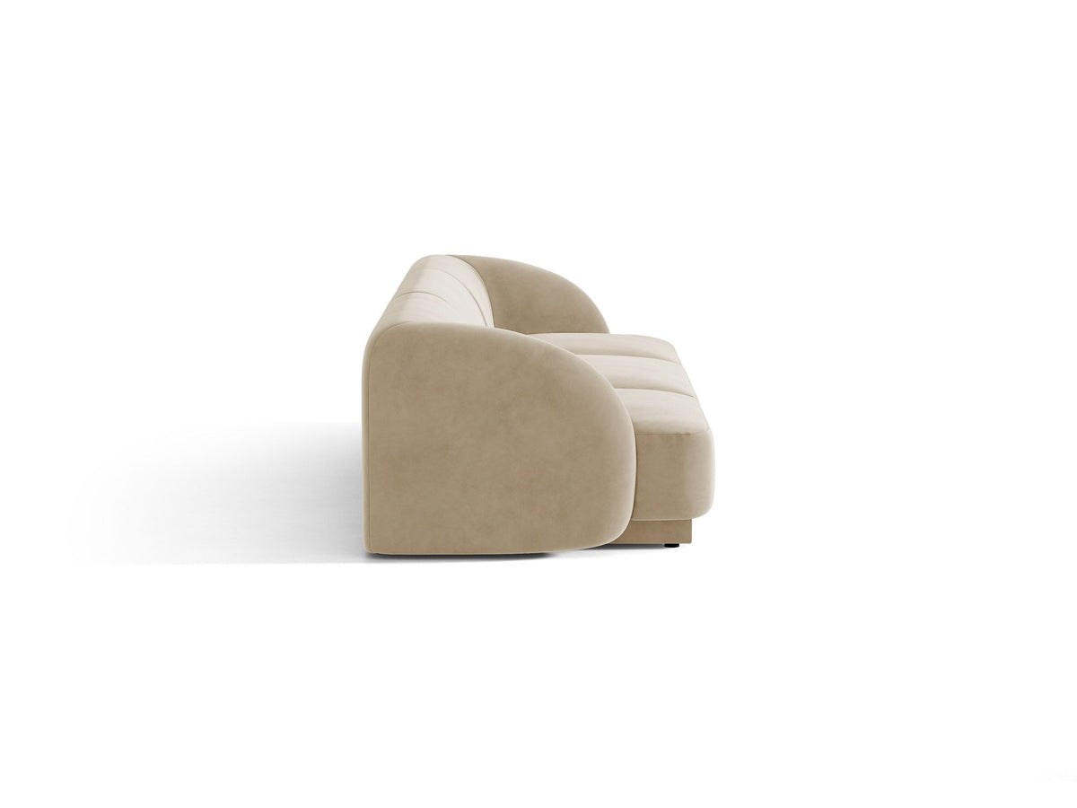 Dunkelbeiges 3er Sofa Miley von Micadoni mit Bluvel-Stoffbezug, schwarzen Kunststoffbeinen und gepolsterter Rückenlehne, Frontalansicht.