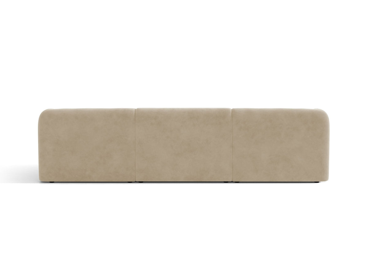 Dunkelbeiges 3er Sofa Miley von Micadoni mit Bluvel-Stoffbezug, schwarzen Kunststoffbeinen und gepolsterter Rückenlehne, Frontalansicht.