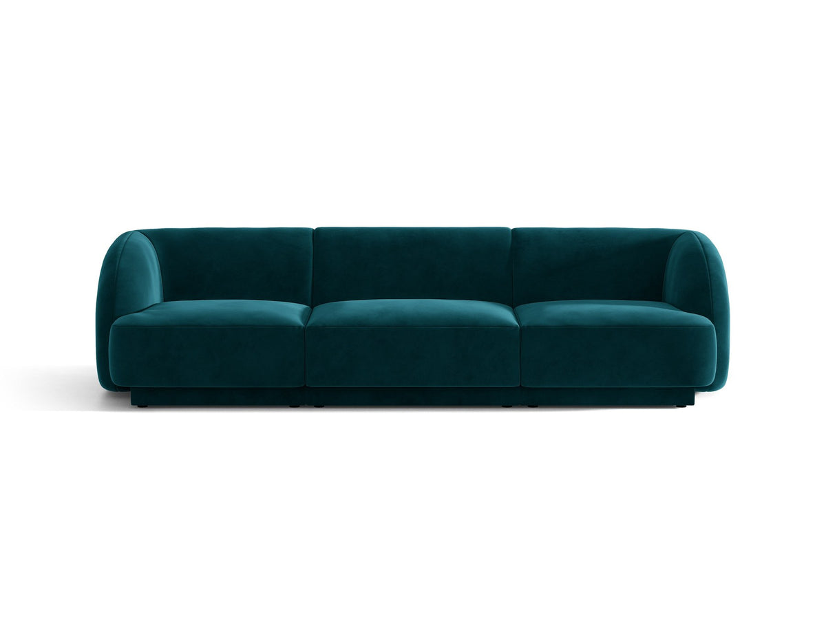 Dunkelbeiges 3er Sofa Miley von Micadoni mit Bluvel-Stoffbezug, schwarzen Kunststoffbeinen und gepolsterter Rückenlehne, Frontalansicht.