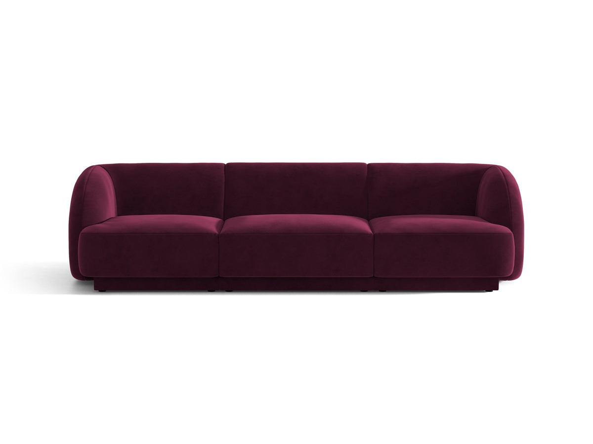 Dunkelbeiges 3er Sofa Miley von Micadoni mit Bluvel-Stoffbezug, schwarzen Kunststoffbeinen und gepolsterter Rückenlehne, Frontalansicht.
