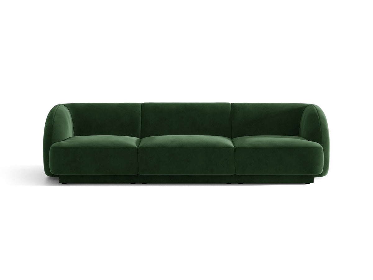 Dunkelbeiges 3er Sofa Miley von Micadoni mit Bluvel-Stoffbezug, schwarzen Kunststoffbeinen und gepolsterter Rückenlehne, Frontalansicht.
