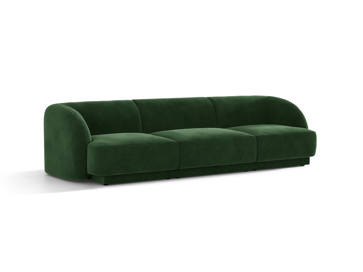 Dunkelbeiges 3er Sofa Miley von Micadoni mit Bluvel-Stoffbezug, schwarzen Kunststoffbeinen und gepolsterter Rückenlehne, Frontalansicht.