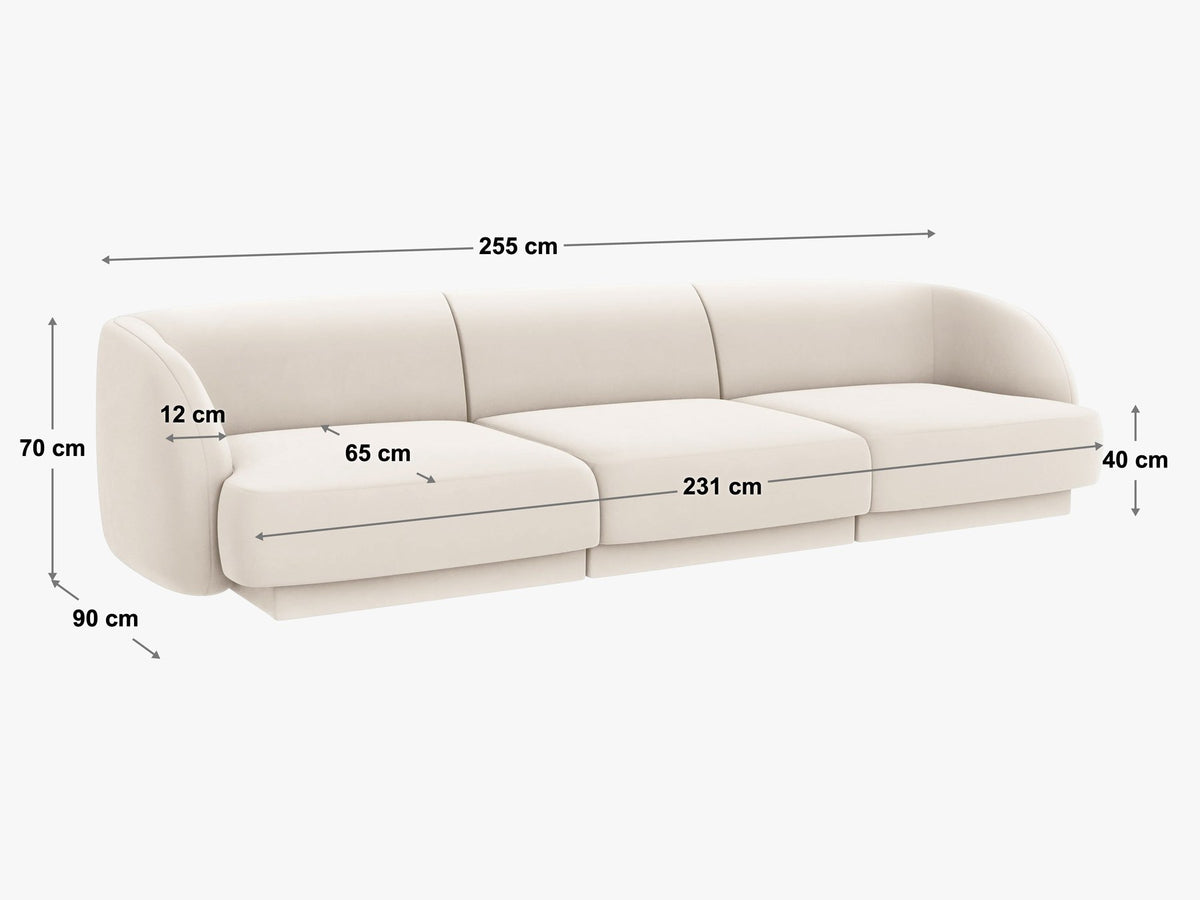 Dunkelbeiges 3er Sofa Miley von Micadoni mit Bluvel-Stoffbezug, schwarzen Kunststoffbeinen und gepolsterter Rückenlehne, Frontalansicht.