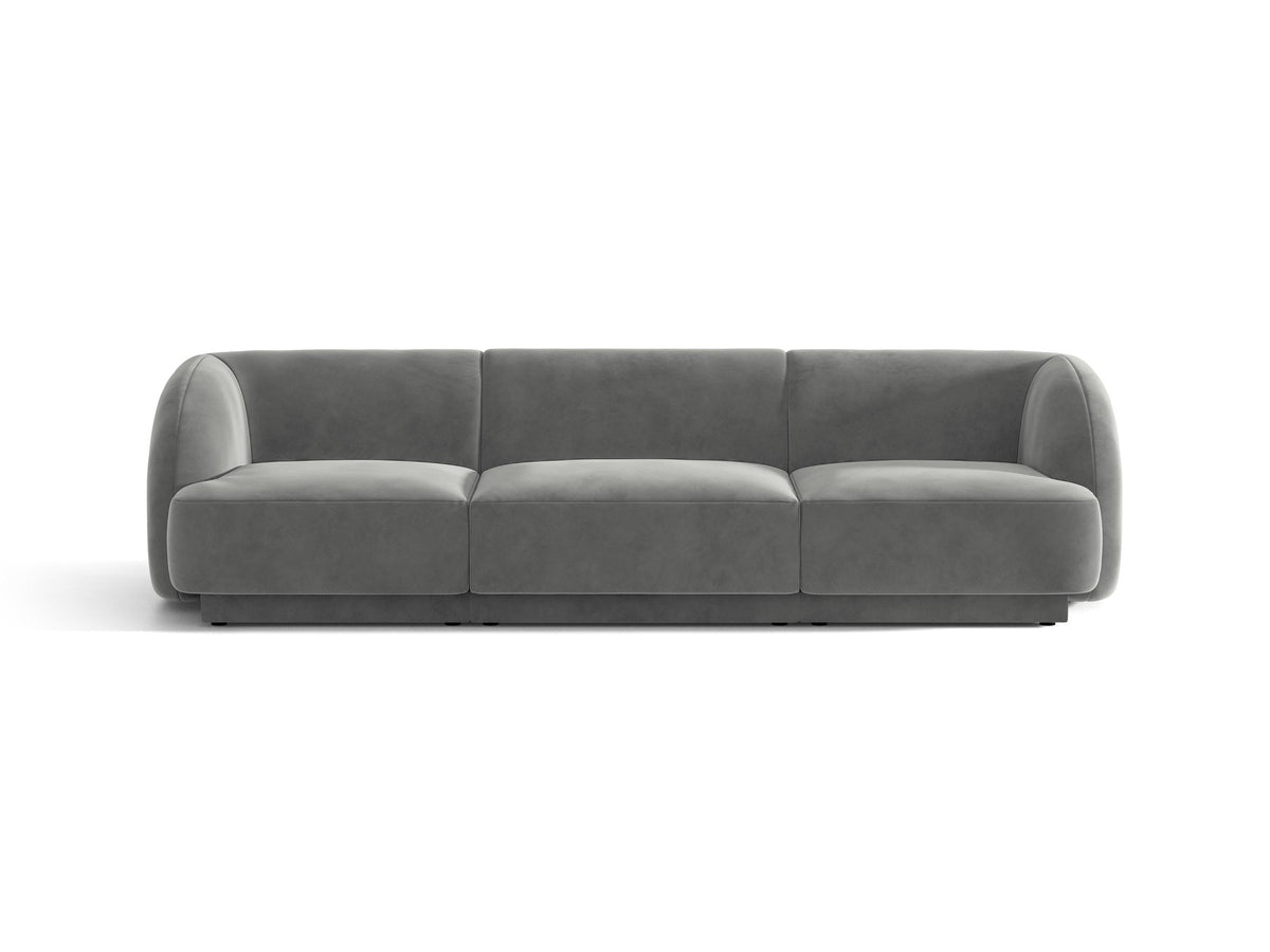 Dunkelbeiges 3er Sofa Miley von Micadoni mit Bluvel-Stoffbezug, schwarzen Kunststoffbeinen und gepolsterter Rückenlehne, Frontalansicht.