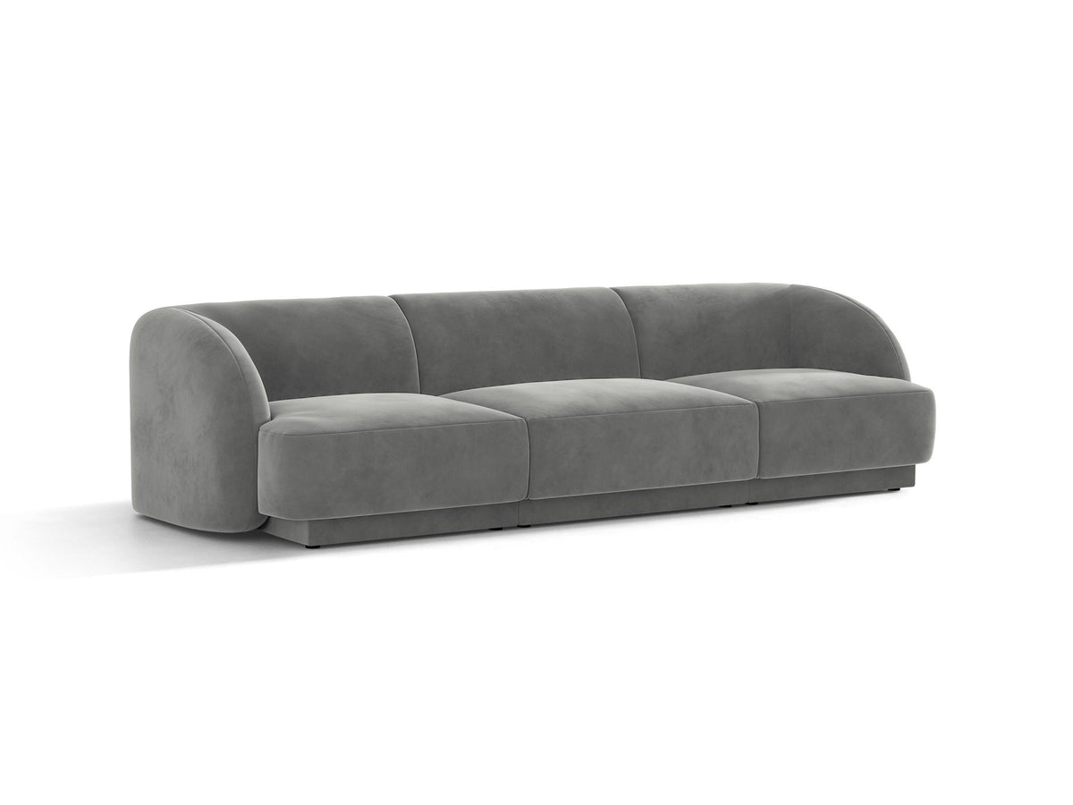 Dunkelbeiges 3er Sofa Miley von Micadoni mit Bluvel-Stoffbezug, schwarzen Kunststoffbeinen und gepolsterter Rückenlehne, Frontalansicht.