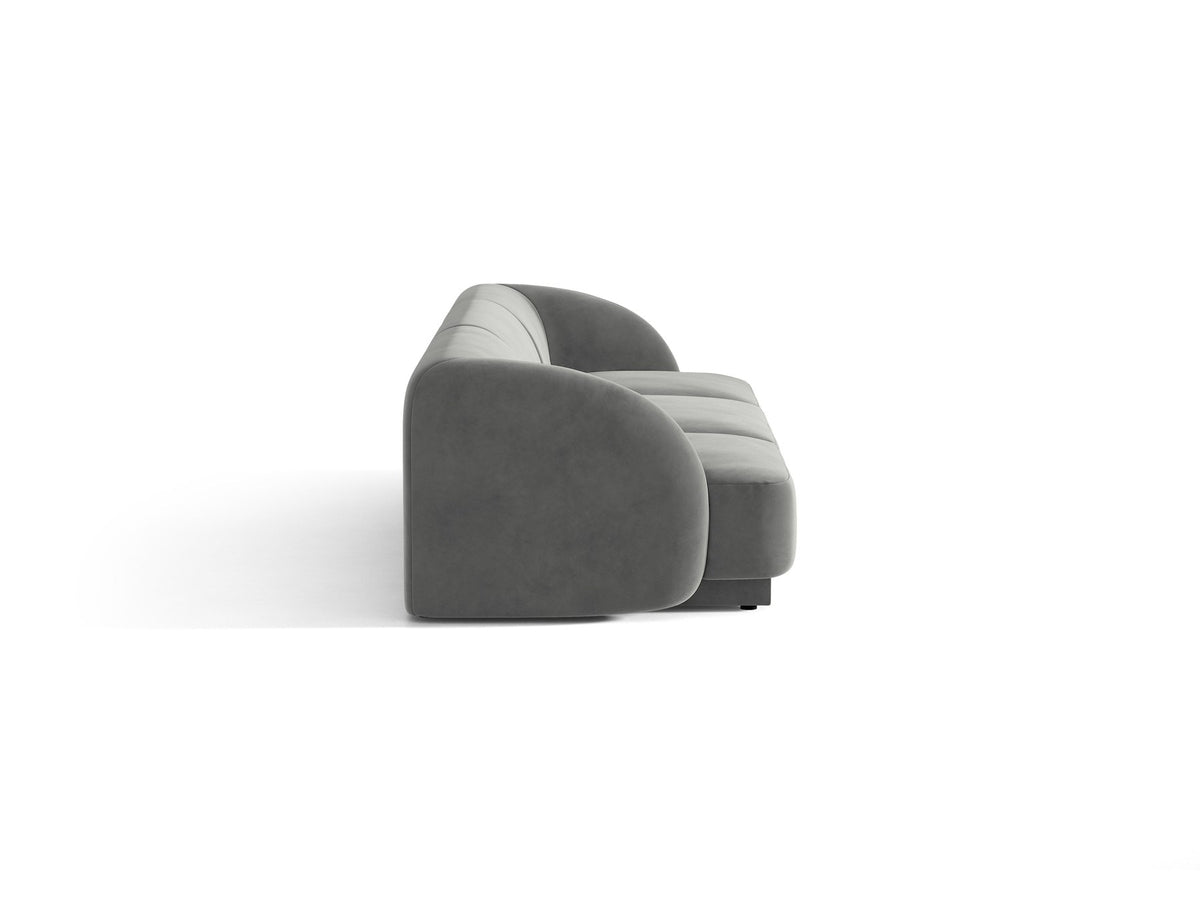 Dunkelbeiges 3er Sofa Miley von Micadoni mit Bluvel-Stoffbezug, schwarzen Kunststoffbeinen und gepolsterter Rückenlehne, Frontalansicht.