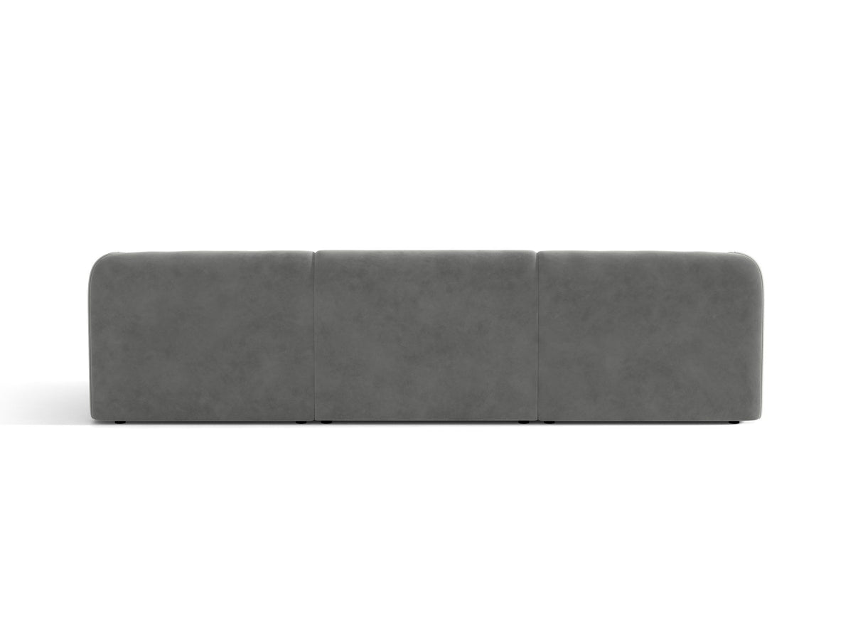 Dunkelbeiges 3er Sofa Miley von Micadoni mit Bluvel-Stoffbezug, schwarzen Kunststoffbeinen und gepolsterter Rückenlehne, Frontalansicht.