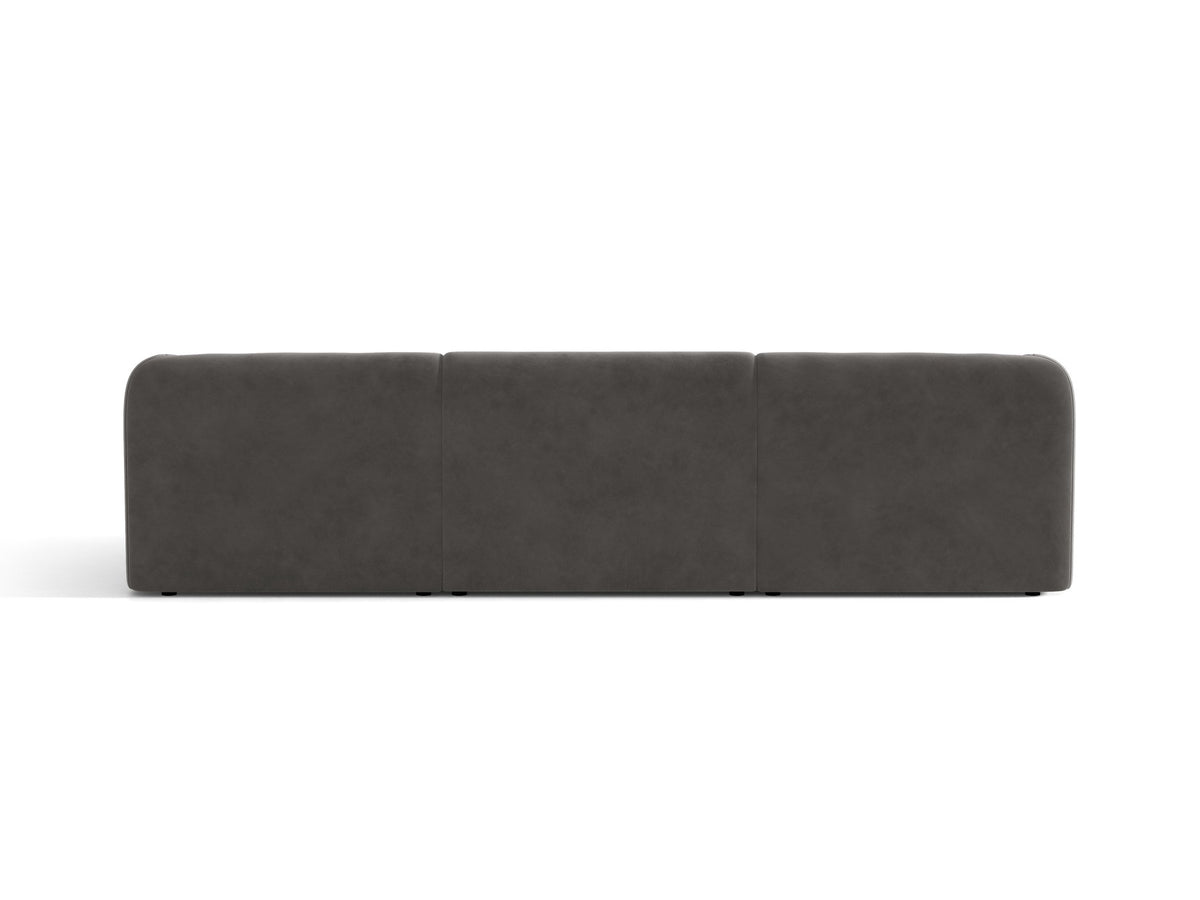 Dunkelbeiges 3er Sofa Miley von Micadoni mit Bluvel-Stoffbezug, schwarzen Kunststoffbeinen und gepolsterter Rückenlehne, Frontalansicht.