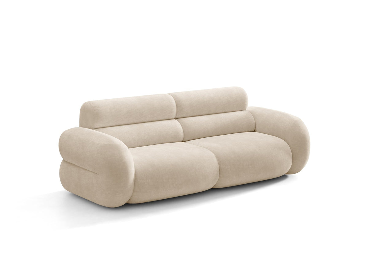 3er Sofa Neo von Micadoni in dunklem Olivgrün, mit strukturiertem Bouclé-Stoff, schwarzen Kunststoffbeinen und hoher gepolsterter Rückenlehne.