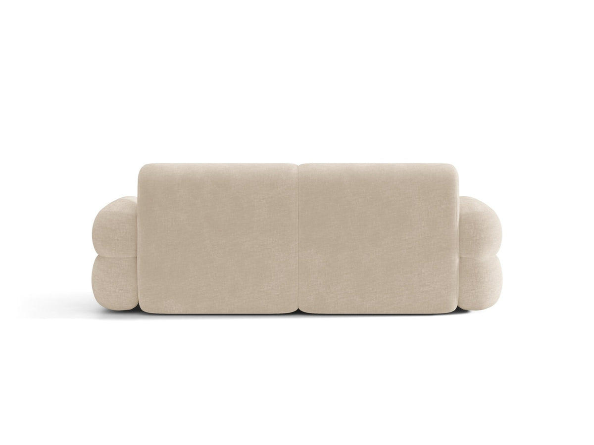 3er Sofa Neo von Micadoni in dunklem Olivgrün, mit strukturiertem Bouclé-Stoff, schwarzen Kunststoffbeinen und hoher gepolsterter Rückenlehne.