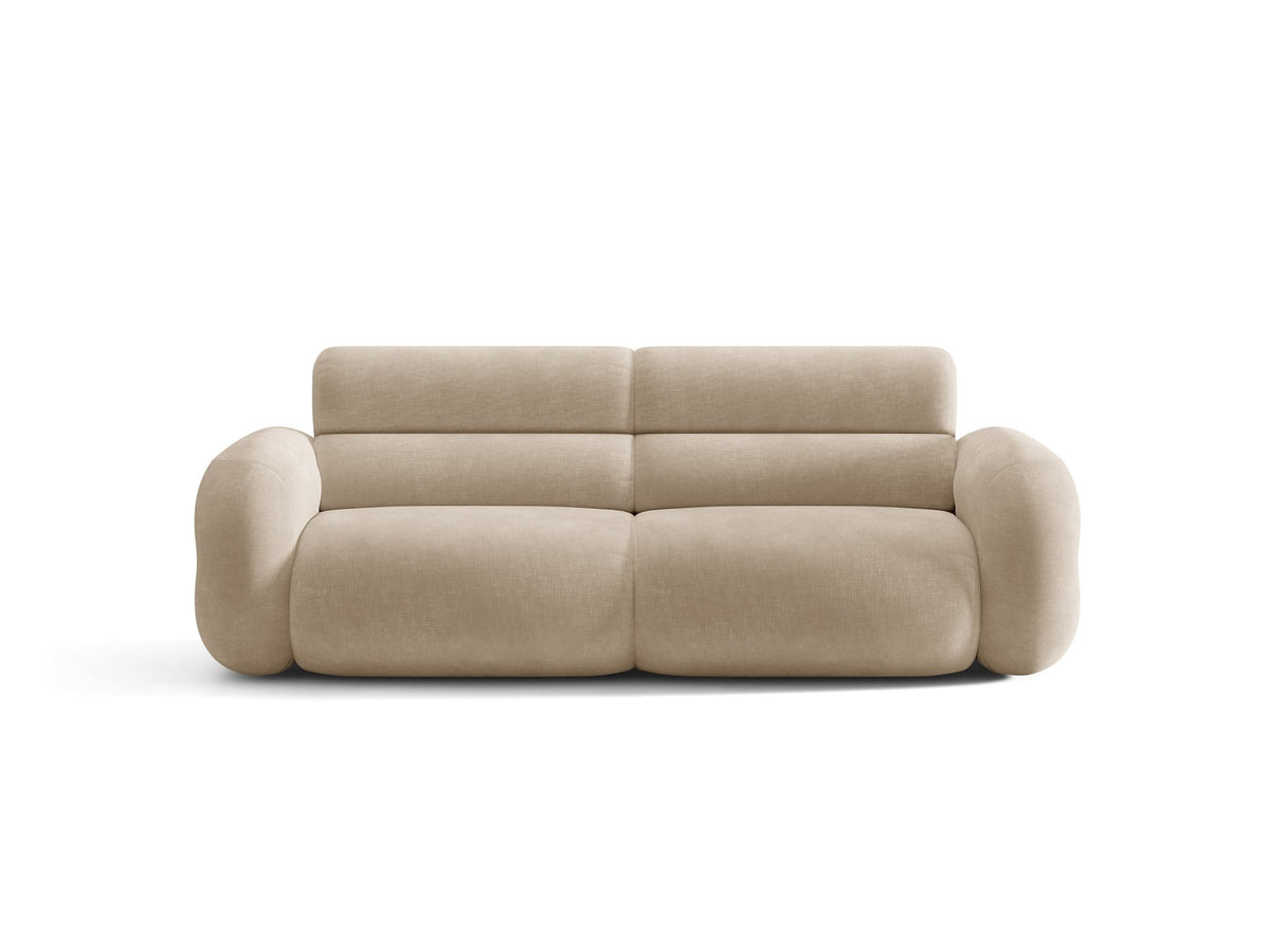 3er Sofa Neo von Micadoni in dunklem Olivgrün, mit strukturiertem Bouclé-Stoff, schwarzen Kunststoffbeinen und hoher gepolsterter Rückenlehne.
