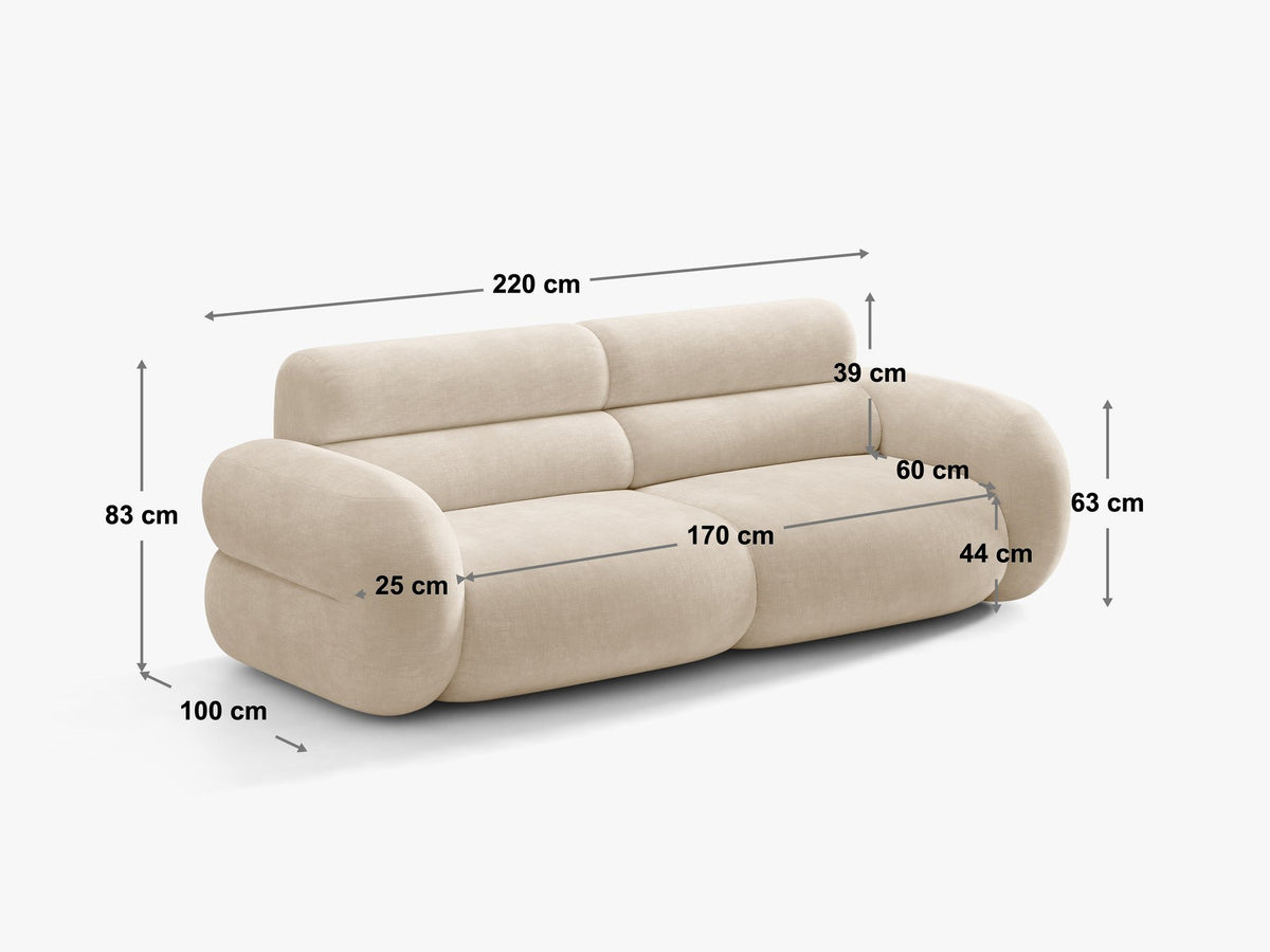 3er Sofa Neo von Micadoni in dunklem Olivgrün, mit strukturiertem Bouclé-Stoff, schwarzen Kunststoffbeinen und hoher gepolsterter Rückenlehne.