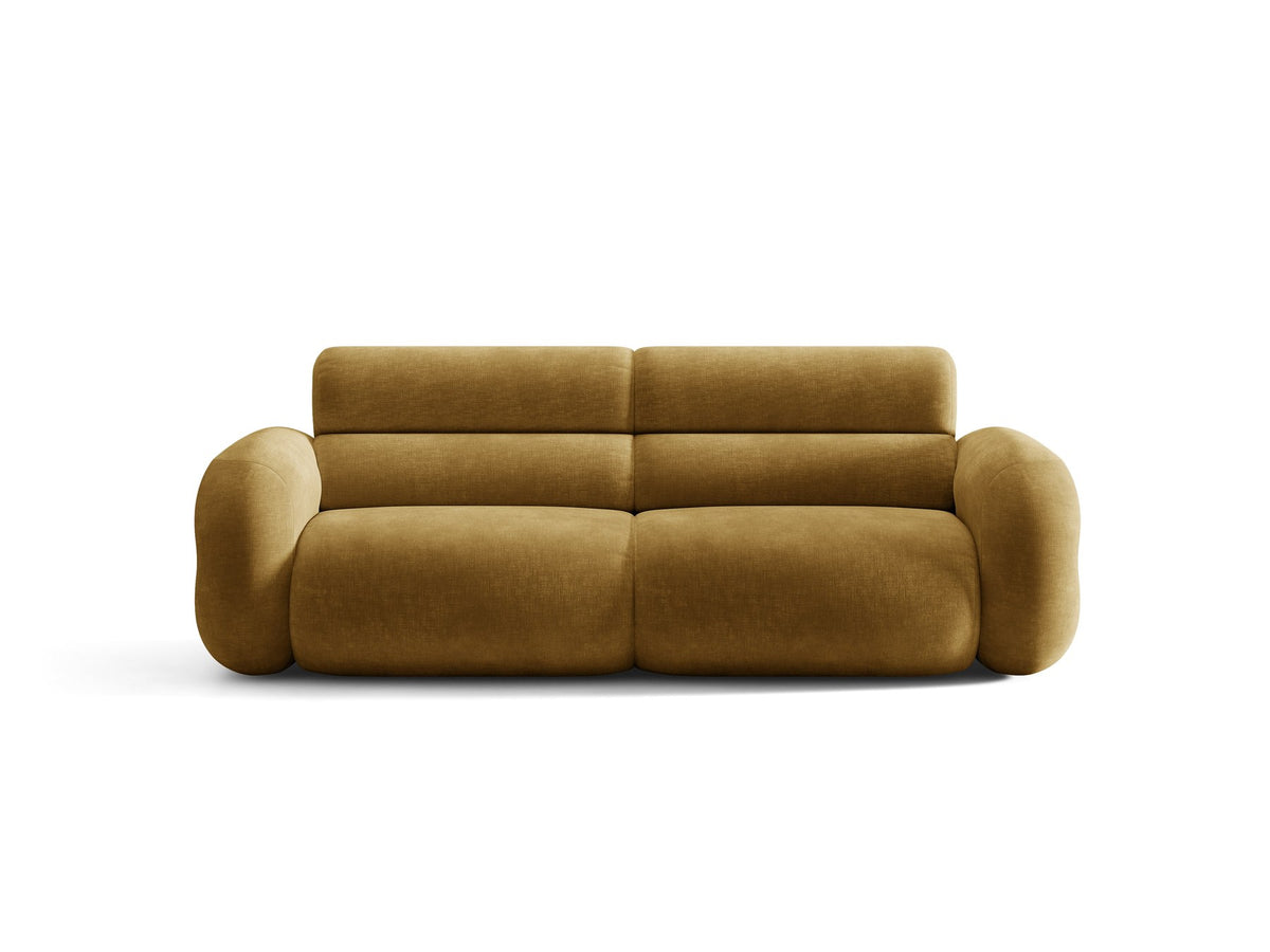 3er Sofa Neo von Micadoni in dunklem Olivgrün, mit strukturiertem Bouclé-Stoff, schwarzen Kunststoffbeinen und hoher gepolsterter Rückenlehne.