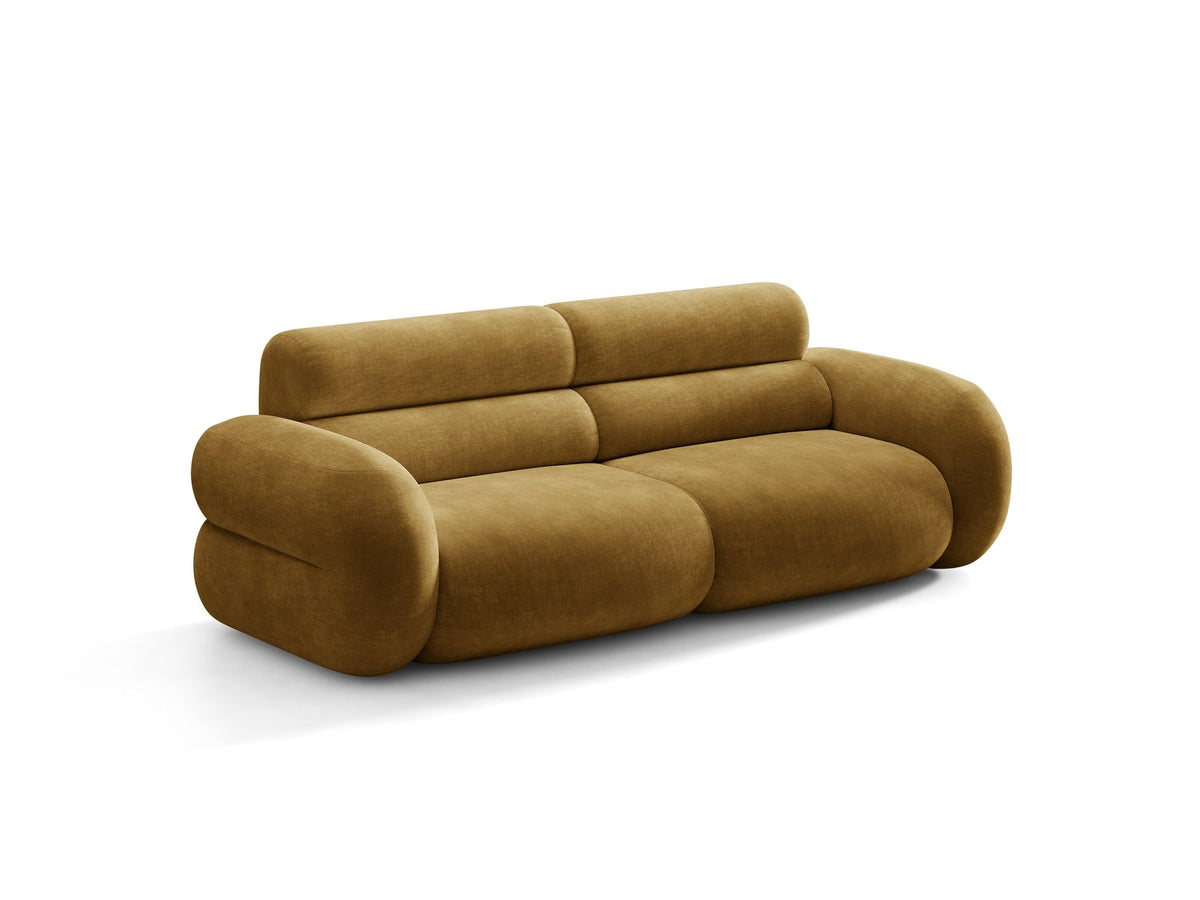 3er Sofa Neo von Micadoni in dunklem Olivgrün, mit strukturiertem Bouclé-Stoff, schwarzen Kunststoffbeinen und hoher gepolsterter Rückenlehne.