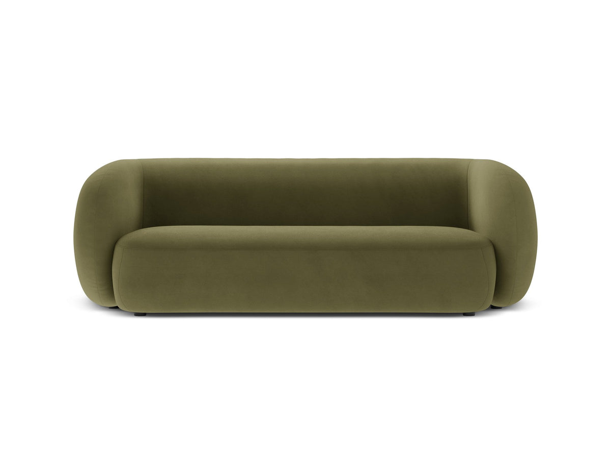 Weisses 3er Sofa Kate von Micadoni mit Bouclé-Stoffbezug, schwarzen Kunststoffbeinen und modularem Aufbau, Frontalansicht.