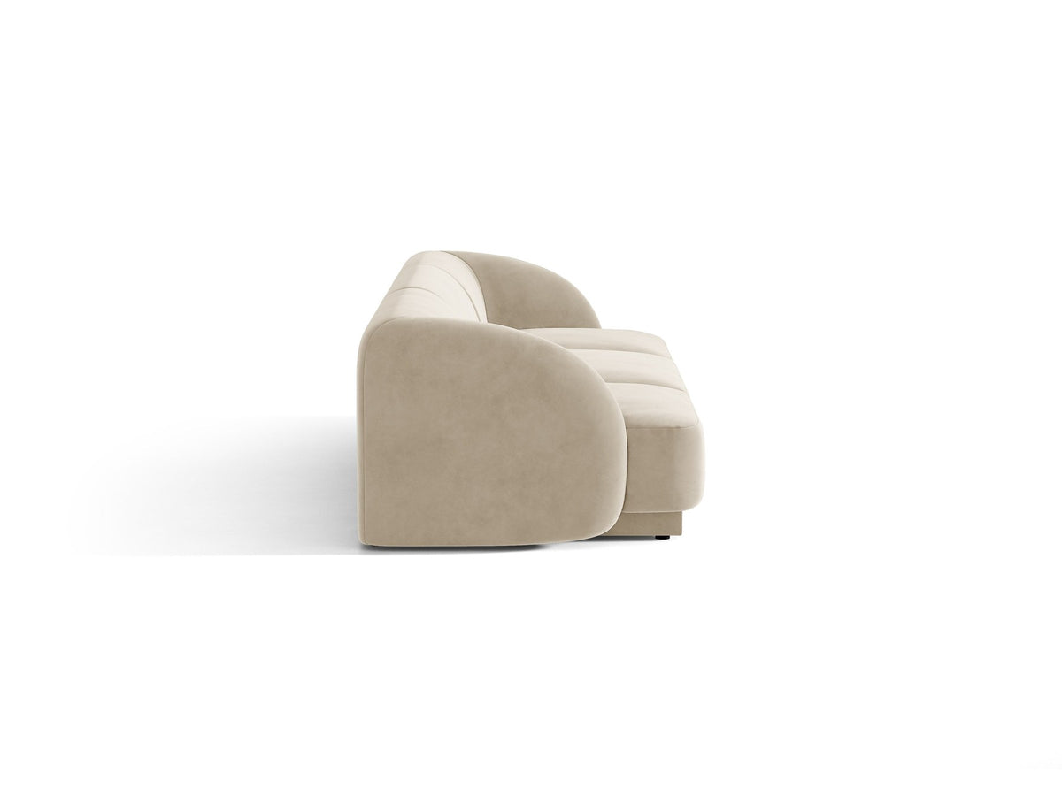 Dunkelbeiges 3er Sofa Miley von Micadoni mit Bluvel-Stoffbezug, schwarzen Kunststoffbeinen und gepolsterter Rückenlehne, Frontalansicht.