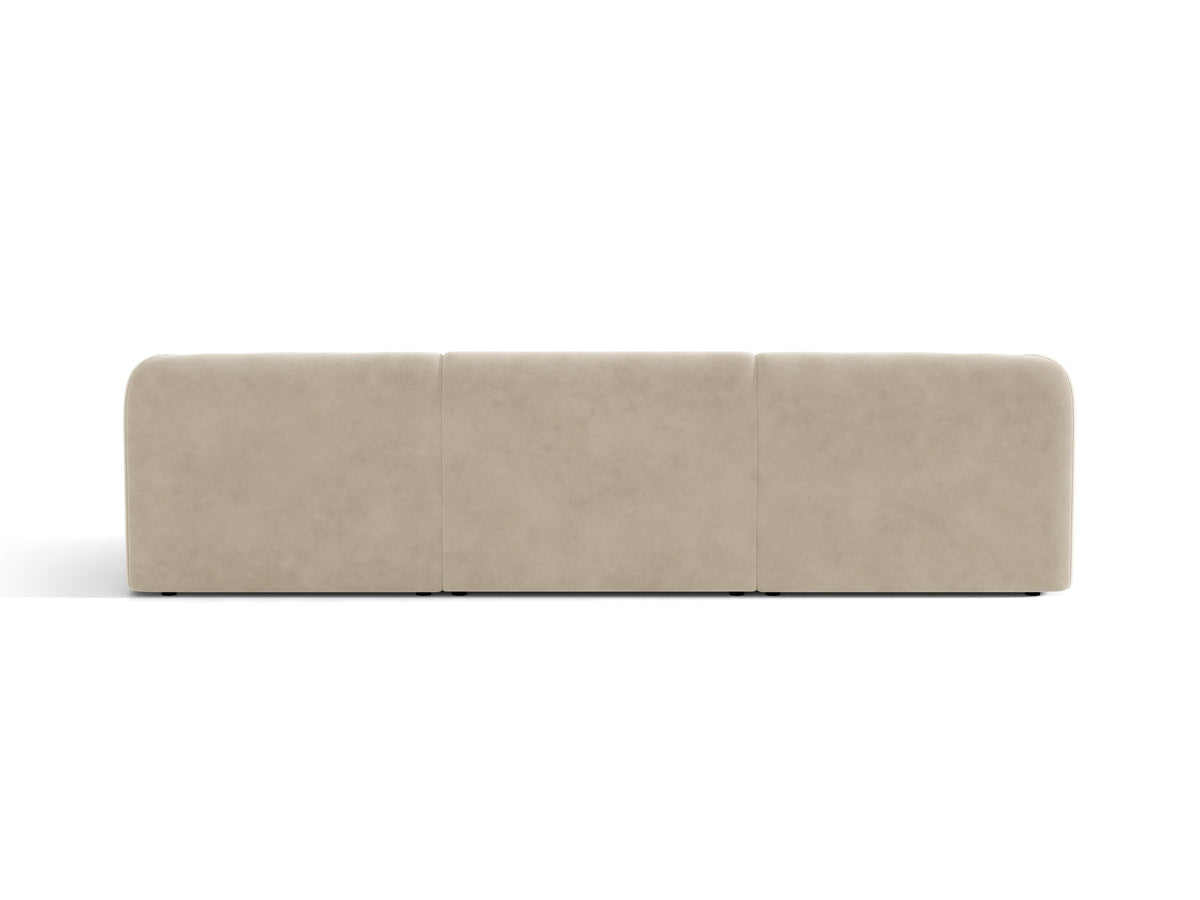 Dunkelbeiges 3er Sofa Miley von Micadoni mit Bluvel-Stoffbezug, schwarzen Kunststoffbeinen und gepolsterter Rückenlehne, Frontalansicht.