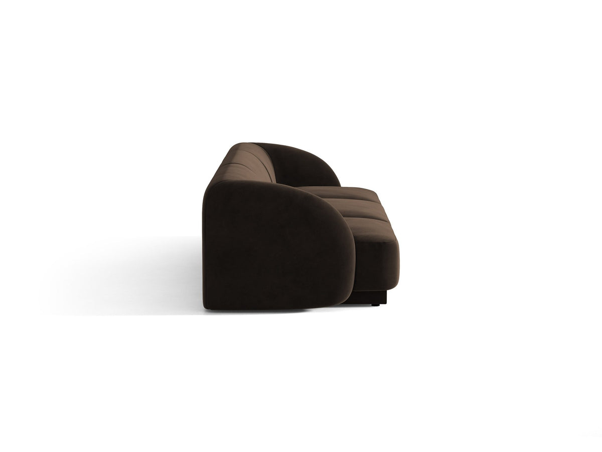 Dunkelbeiges 3er Sofa Miley von Micadoni mit Bluvel-Stoffbezug, schwarzen Kunststoffbeinen und gepolsterter Rückenlehne, Frontalansicht.