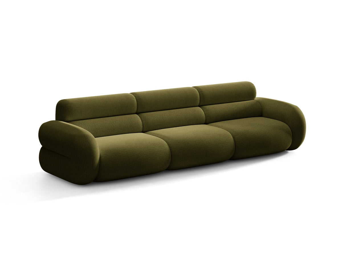 Modulares 4er Sofa Neo von Micadoni in dunklem Olivgrün mit strukturiertem Stoffbezug, hoher Rückenlehne und schwarzen Kunststoffbeinen.