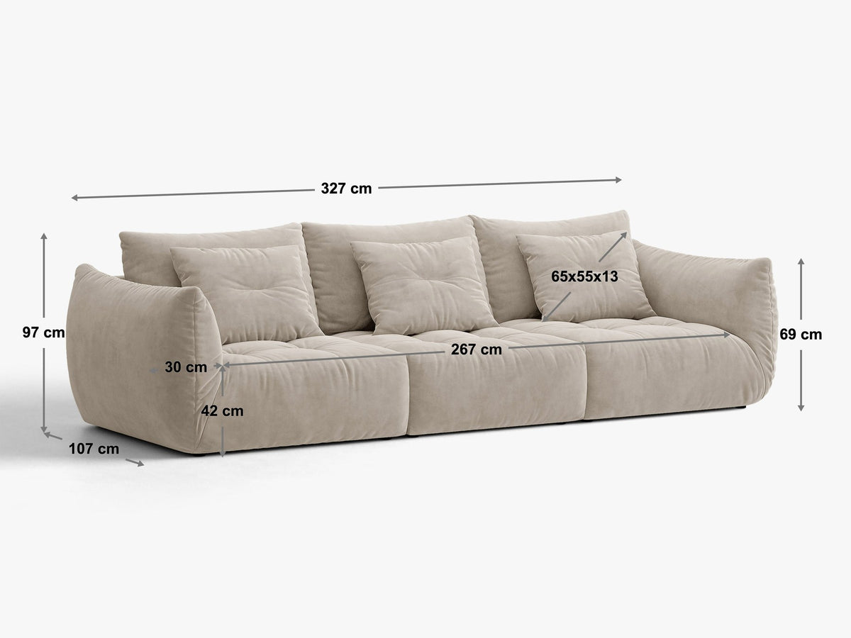 Modulares 4er Sofa Bloom von Micadoni in leichtem Beige, Bezug aus Casino-Velours, schwarze Kunststoffbeine, gepolsterte Rückenkissen.