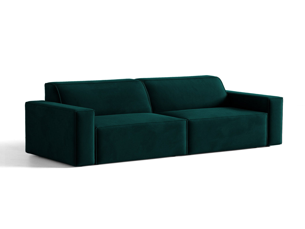 Modulares 4er Sofa Jodie von Micadoni in leichtem Beige mit Venus Samtstoff, schwarzen Kunststoffbeinen und niedriger Rückenlehne.