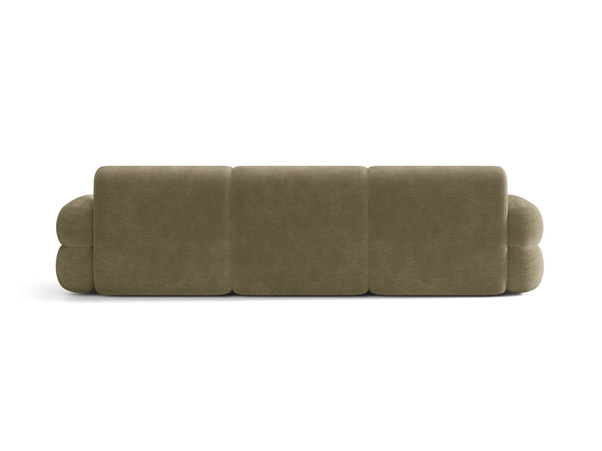 Modulares 4er Sofa Neo von Micadoni in dunklem Olivgrün mit strukturiertem Stoffbezug, hoher Rückenlehne und schwarzen Kunststoffbeinen.