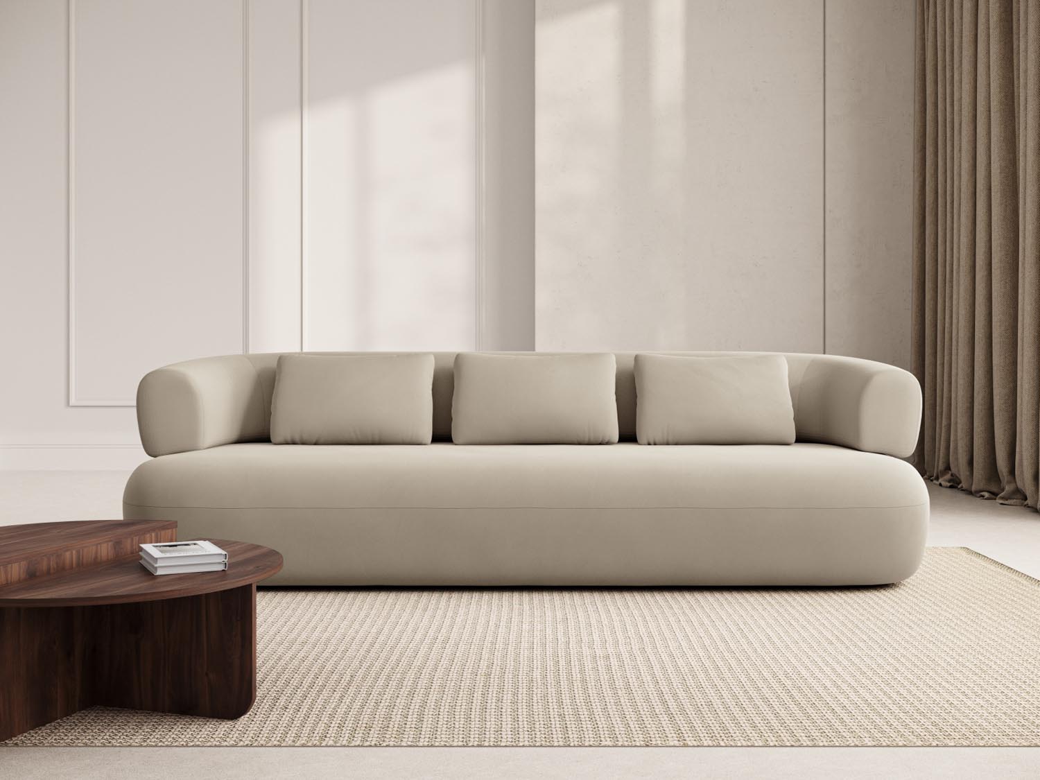 Elegantes Jenny Velour Sofa in sanftem Beige, ideal für stilvolle Wohnräume. Komfortables 4-Sitzer Design von Micadoni.