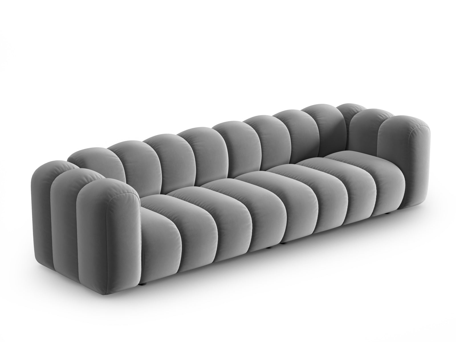 Elegantes Lupine Velour Sofa für 4 Personen in stilvollem Grau, ideal für moderne Wohnräume und vielseitige Einrichtungsmöglichkeiten.