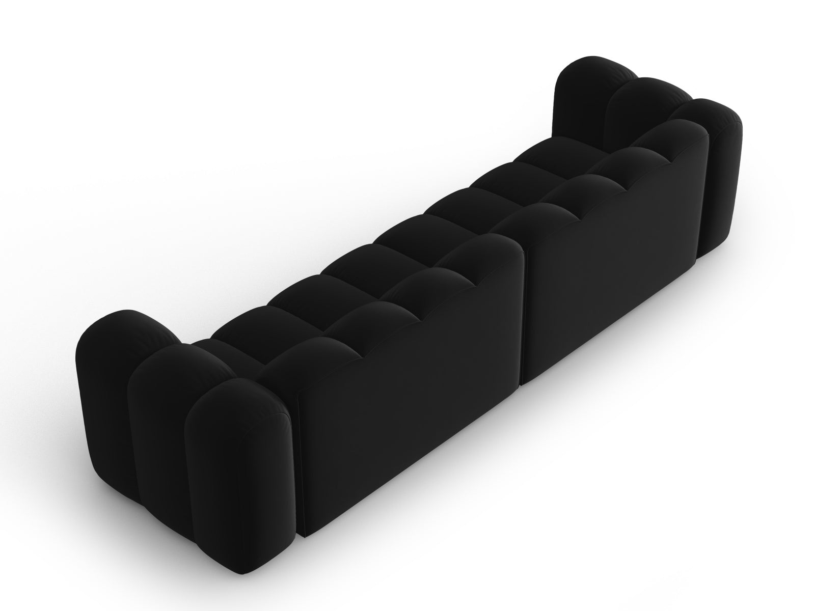 Modulares 4-Sitzer Sofa aus Lupine Velour in edlem Schwarz, perfekt für stilvolle Wohnzimmer und entspannte Stunden mit Freunden.