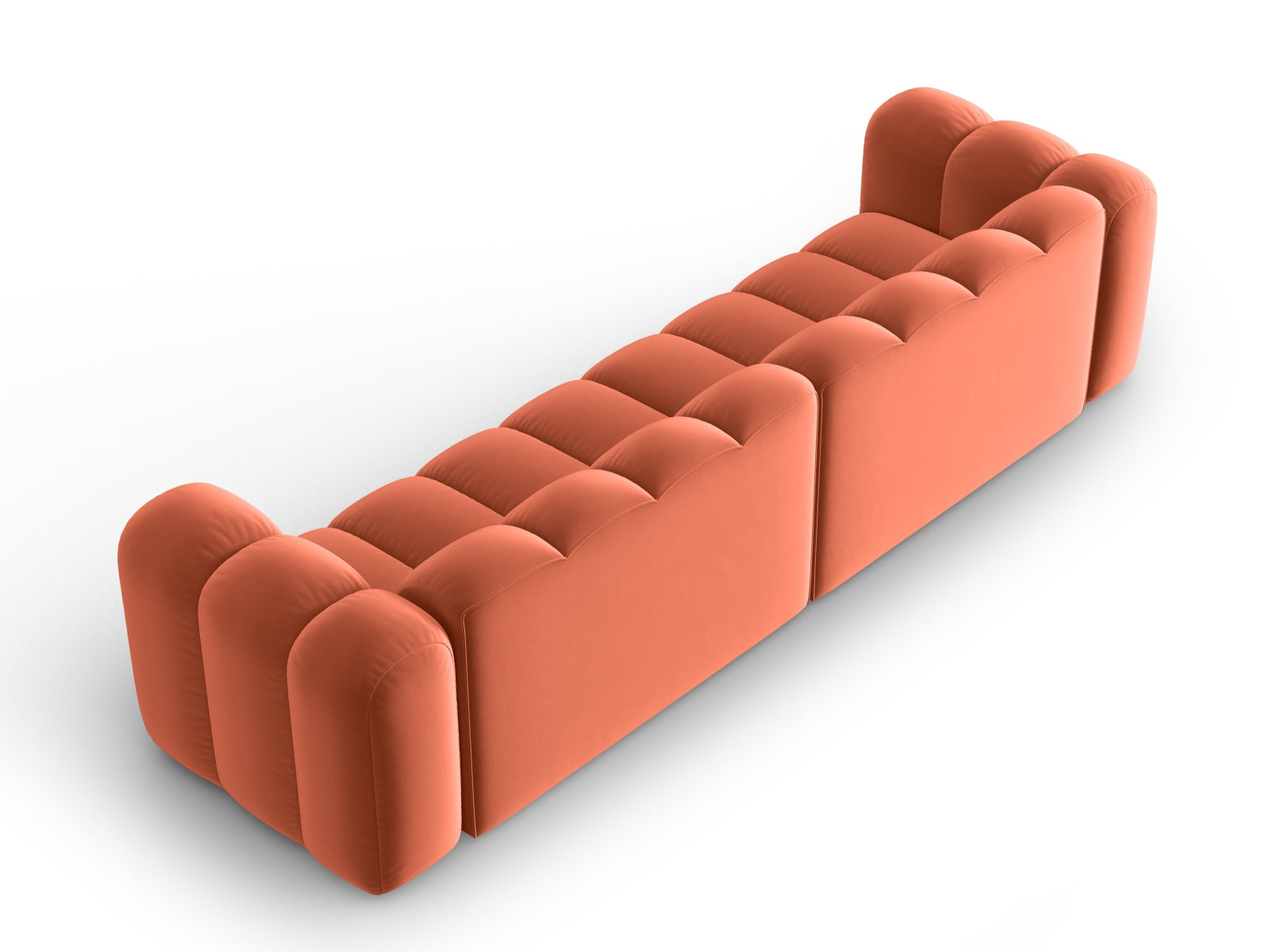 Modulares 4-Sitzer Sofa Lupine aus Velours in Coral-Salvador, perfekt für moderne Wohnkonzepte und gemütliche Abende.