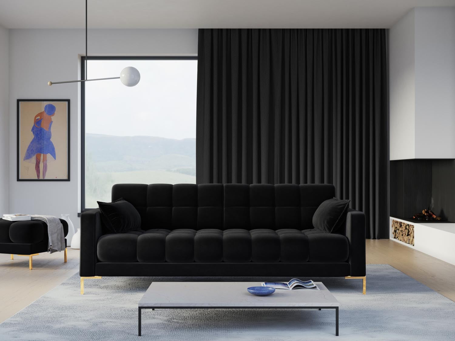 Mamaia Velour Sofa 4 Sitzer in Black/Gold präsentiert im Onlineshop von KAQTU Design AG. 4er Sofa ist von Micadoni