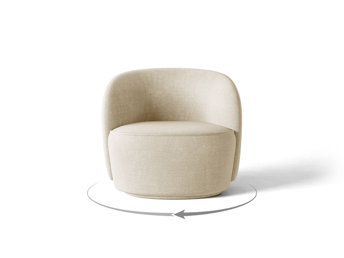 Drehbarer Sessel Jonas von Micadoni in leichtem Beige mit Veloursbezug, gepolsterten Kunststoff-Beinen und runder Sitzfläche.