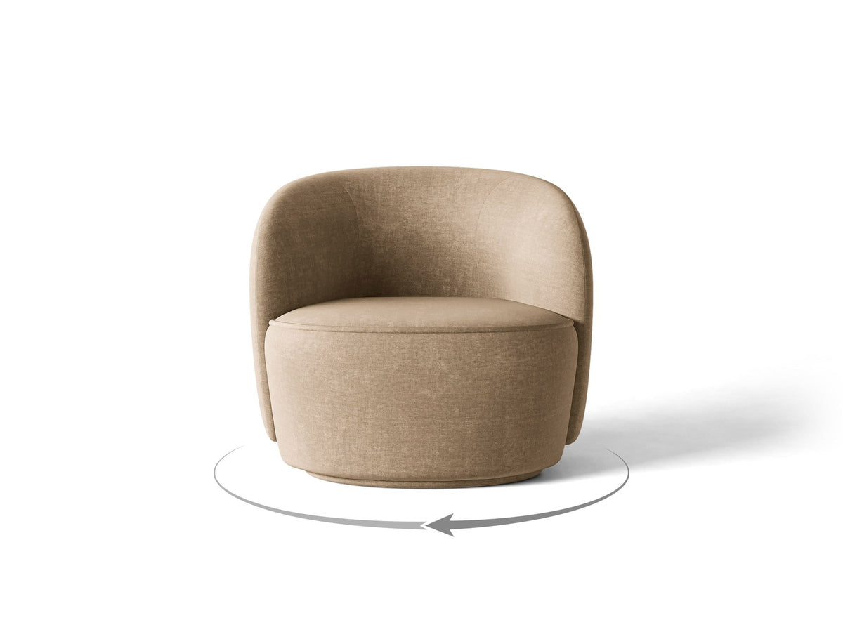 Drehbarer Sessel Jonas von Micadoni in leichtem Beige mit Veloursbezug, gepolsterten Kunststoff-Beinen und runder Sitzfläche.
